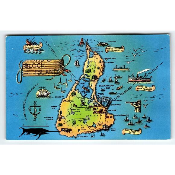 Brock Island Rhode Island Map Postcard State Postcard Tichnor Chrome 1960 - Picture 1 of 2